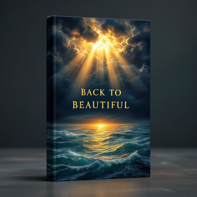 The cover features a dramatic sky dominating the top third, filled with tumultuous, almost-black storm clouds swirling with deep shadows and ominous textures, representing past trauma. Piercing through the chaotic clouds are golden sunbeams, sharply defined and radiating downward. They create illuminated pathways on the water below. The bottom two-thirds showcase a body of water transitioning from chaotic, choppy waves in the foreground to tranquil, glass-like calmness at the horizon. The water reflects the sky's colors, shifting from midnight blues to soothing aqua tones. The horizon captures the merging of water and sky, suggesting endless possibility.