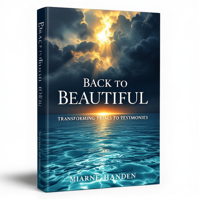 The upper half of the book cover is dominated by near-black storm clouds, dramatically intense with deep midnight blues and slate grays, roiled with threatening textures to represent trauma. Piercing the dark clouds, shafts of vividly gold sunlight beam downward, cutting through the ominous turbulence with warmth and hope. The lower half of the cover transitions into a serene expanse of perfectly calm, crystal-clear water that reflects the scene above in mesmerizing detail, mirroring both turmoil and hope. The horizon line sits centrally, where the dark sky meets the gentle aqua blues of the water, creating a visual path of transformation.