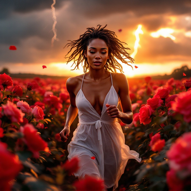 A photorealistic, cinematic image featuring a beautiful Black woman with natural, wet, glistening hair running towards the viewer through a vibrant field of full-bloom red and pink roses at golden hour. She wears a simple, partially damp white sundress, moving with peaceful determination. Storm clouds, dark gray and deep purple with dramatic lightning, fill the top third of the scene, contrasting sharply with the golden sunlight breaking through ahead, highlighting her face and creating a halo effect. Rose petals flutter around her, caught in the wind.