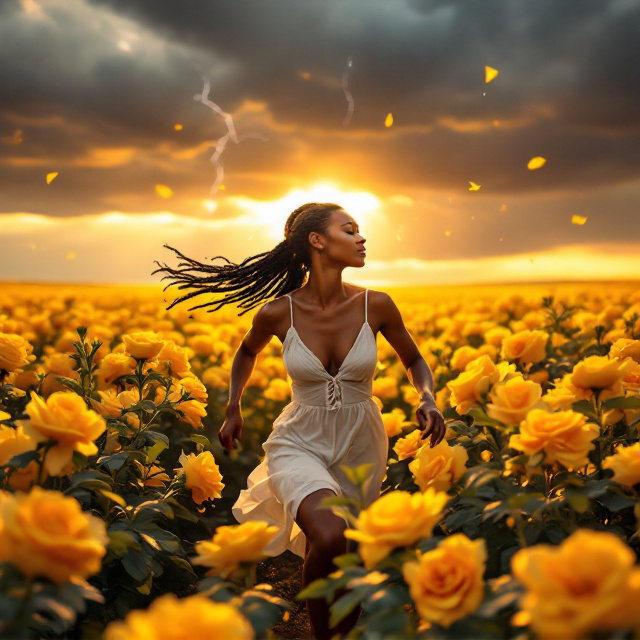 A striking image dominates the cover, featuring a mature Black woman running through a vast field of vibrant yellow roses at golden hour. Her braided ponytail flows behind her, damp from the storm she escapes. The storm clouds above are dark grays and deep purples, with dramatic lightning cracking the sky, occupying the top third of the image. Golden sunlight breaks through ahead of her, creating a subtle halo effect around her determined face, catching glistening water droplets in her hair. Yellow rose petals are caught in the wind, surrounding her with vibrant movement that contrasts the stillness of her peaceful yet determined expression. Her white sundress, clinging subtly to her figure due to the dampness, adds to the sense of vulnerability and strength. The yellow rose field is meticulously detailed, blooming and vivid, forming an endless, radiant carpet across the cover.