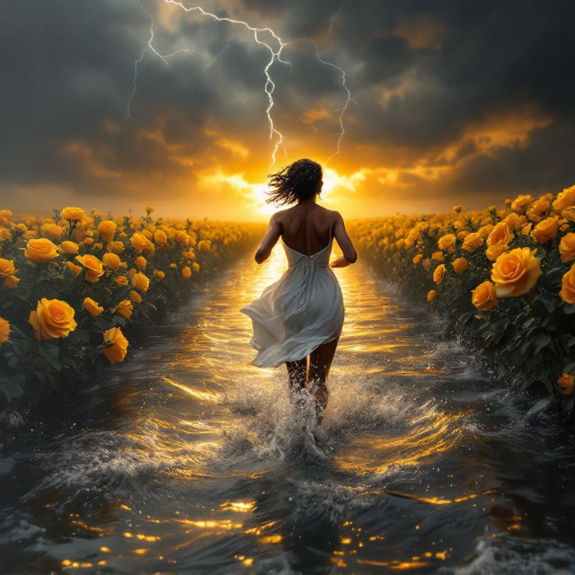 The cover depicts a vast flood scene with dark, turbulent waters engulfing a former field of yellow roses. Golden yellow rose tops sporadically break through the menacing waters, appearing like fleeting hopeful beacons amidst the storm. A mature Black woman is shown from the back, running away from the viewer toward a golden break in the storm clouds visible on the horizon. Her soaked white sundress clings to her figure while flowing dramatically in the wind, emphasizing her motion and struggle. The storm dominates the space behind the viewer. Violent purples, charcoal grays, and reflections of lightning on the heavy flood waters add to the ambiance of despair, contrasting with the golden light that illuminates her destination. The golden pathway of light gently bathes the water, catching the splashes created by her movements. The title "Back to Beautiful" is positioned seamlessly within the natural contrast of the dark waters and the golden rays of light ahead, ensuring visibility without disrupting the composition.