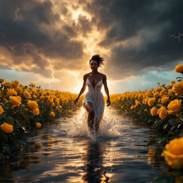 A cinematic portrayal of a vast, threatening flood overtaking a yellow rose field transformed into a dark, tumultuous lake. Scattered rose tops break through the water, glowing faintly golden. In the mid-distance, a determined Black woman runs toward the viewer through knee-deep floodwaters, her motion dynamic and creating splashes. Her soaked white sundress clings to her form, rippling in the wind. Behind her looms a massive storm filled with heavy charcoal and purple clouds, split by streaking lightning. A dramatic transition from darkness to light occurs, with golden illumination framing her as she moves toward a hopeful foreground, casting a warm halo around her figure. The reflection of light and storm merges on the stormy water, amplifying the emotional impact.