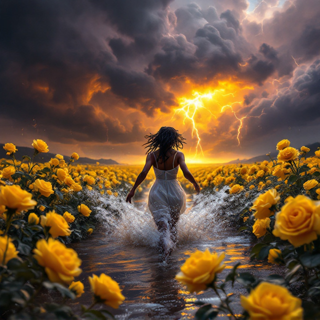 The cover showcases an epic scene of a flood-ravaged yellow rose field. The turbulent floodwaters dominate the foreground, dark and ominous, with sporadic yellow rose heads barely visible, resembling fading spots of hope. In the mid-distance, a mature Black woman is depicted running toward the viewer, her movements dramatic and desperate as she splashes through knee-deep floodwaters, her soaked white sundress and wild, drenched hair adding to the frantic intensity. Behind her looms a massive apocalyptic storm system, painted with dramatic clouds of ominous charcoal and purple hues, pierced by lightning bolts that seem sentient in their aggression. The contrast between the threatening storm and the faint golden light breaking through ahead creates a natural divider, symbolizing hope amidst despair.
