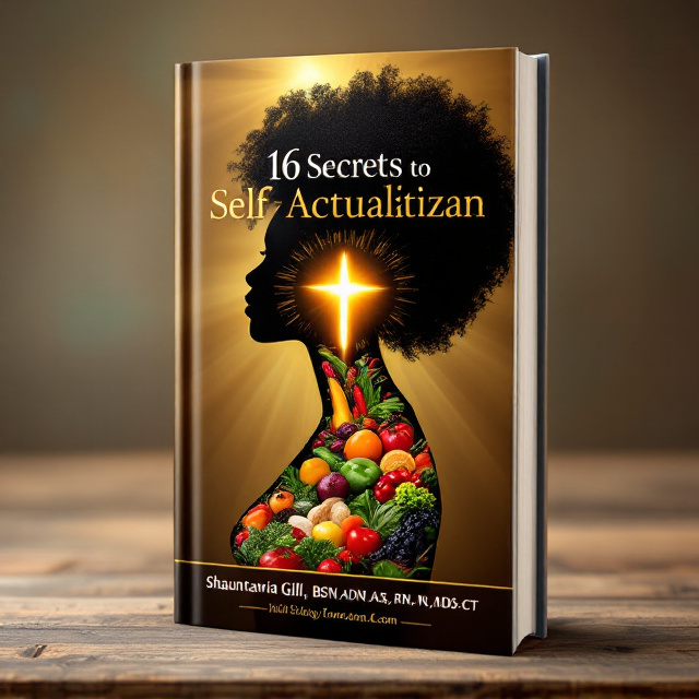 standing book mockup, Its title is "16 Secrets to Self Actualization". Its author name is Shauntavia Gill, BSN, ADN, AAS, RN, MDS-CT.  The cover features a serene silhouette of a black woman filled with an array of vibrant, healthy foods, such as fruits and vegetables, symbolizing nourishment and self-actualization. A soft, radiant cross is placed subtly at her heart level. In the upper corner, golden sun rays cast a warm, spiritual light over the scene, creating an uplifting and calming atmosphere. The background is an earthy tone, enhancing the natural and grounded feel of the cover. The book title is showcased in a crisp, modern serif font, conveying an essence of sophistication and enlightenment. The author's name is placed beneath the title in an elegant cursive font, exuding professionalism and warmth., The silhouette is centrally placed, with food elements subtly integrated, while the cross and sun rays offer balance. The title sits prominently at the top, ensuring visibility, with the author's credentials neatly aligned below.