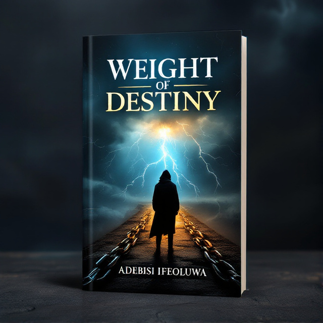 A shadowy figure standing at a crossroads under a stormy sky, with lightning illuminating a path made of broken chains. A mix of dark, moody colors with a burst of light breaking through clouds, representing hope.