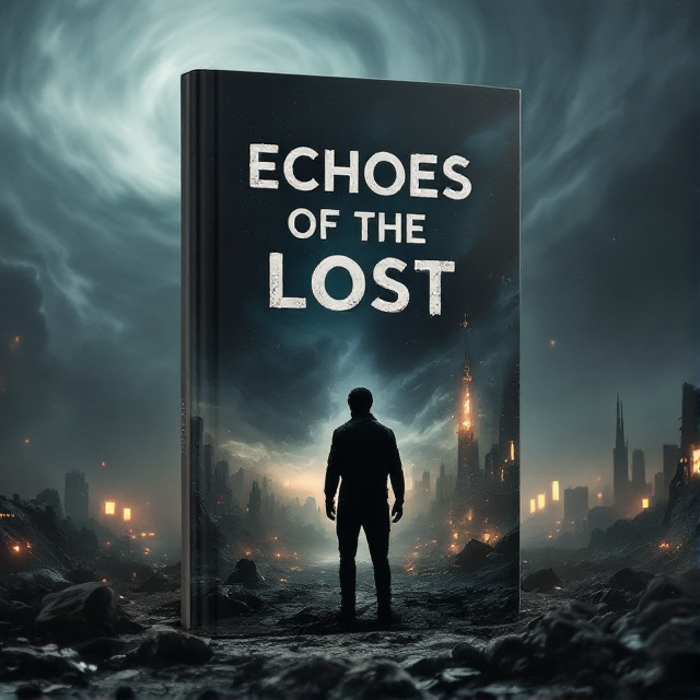 A lone figure silhouetted against a dark, stormy sky, standing on the remnants of a shattered landscape. In the background, the ruins of a futuristic city under ominous swirling clouds, touched with hints of an alien invasion. Faint glowing symbols or markings appear in the shadows, hinting at ancient mysteries and dark forces.