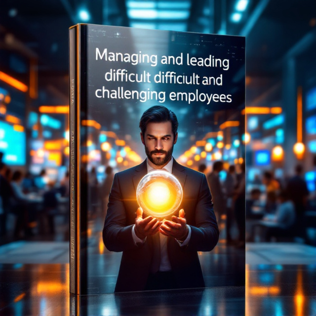 A futuristic office scene with holographic displays and robotic assistants interacting with diverse employees. The central focus is a human manager holding a glowing orb symbolizing control and balance. In the background, workspace chaos gradually transitions to order, showing the before-and-after effect of effective management.