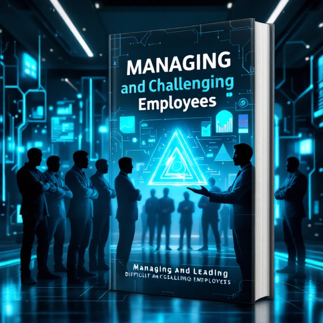 A futuristic office setting with holographic screens showing charts and performance metrics. On the left side of the cover, a group of faceless male silhouettes stand, some with defiant postures and crossed arms, representing challenging employees. On the right, a confident leader holds a glowing, triangular tool resembling a futuristic management model, exuding a calming energy toward the challenging group. The background features sleek, interconnected circuitry patterns, symbolizing science fiction and human resource management tools coming together. The color palette includes blues, silvers, and greens for a professional yet cheerful tone.