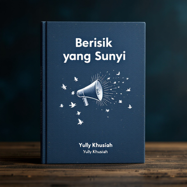A minimalist cover with a deep blue background resembling the texture of rough paper. At the center lies the striking symbol of a broken megaphone, detailed yet simple, slightly tilted to the left. From the megaphone, faint sound waves emanate and transition organically into silhouettes of birds in flight, spreading outward in various sizes. Subtle ink stains scatter around the edges of the design for depth and emotion.