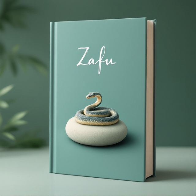 A minimalist design featuring a single deep, muted color background—e.g., a calming shade of sage green or dusty blue. At the center, a finely detailed snake is curled gracefully atop a zafu (a round meditation cushion). The snake's design is delicate, with subtle gradients and textures to create dimension and evoke elegance. Both the zafu and snake use pastel or earthy tones for a peaceful aesthetic.