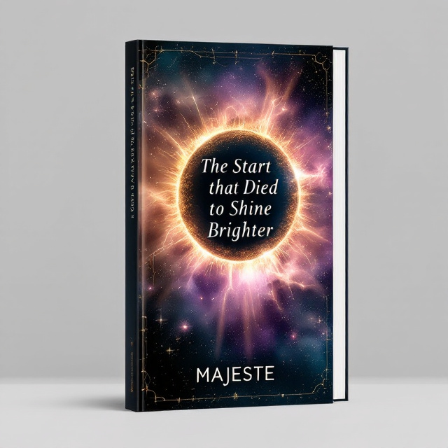 A magnificent celestial scene featuring a dying star at the center of the cover. The star is transitioning, with one part dimming and fading into darkness, while luminous beams of light burst outward in ethereal hues of gold, pink, and violet. Surrounding the star is a cosmic expanse featuring soft, swirling nebulae and specks of glimmering stars. A subtle constellation pattern frames the top and bottom edges, giving the cover a dreamy, expansive feel.