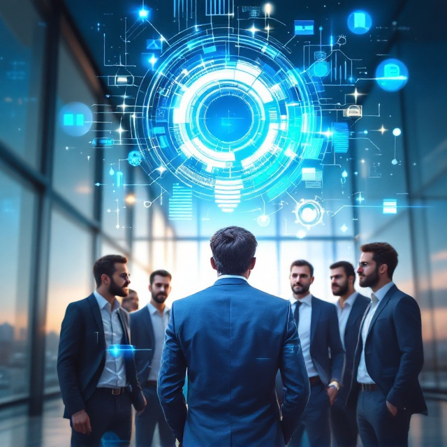 A futuristic office setting under a clear blue sky filled with subtle science-fiction elements like glowing holographic graphs and human resource management tools. A group of challenging male employees are depicted with animated expressions. At the foreground is a confident manager figure surrounded by floating organizational charts and tools symbolizing control, strategy, and leadership.