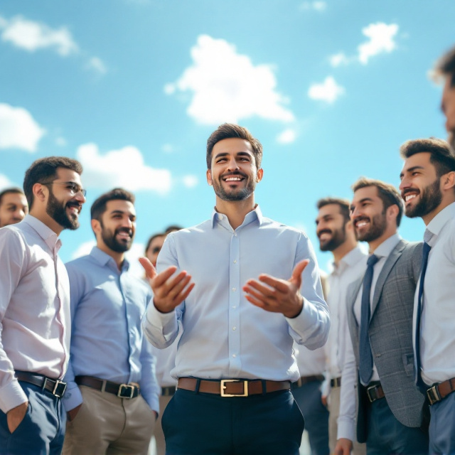 A bright, sunny office scene set under a clear blue sky. The workspace features male employees, all dressed casually without ties but donning Islamic diplomat-style collars. Cheerful facial expressions and lively body language lend a positive vibe. There are faint illustrations of tools like charts, flow diagrams, and organizational graphs subtly integrated into the background, representing human resource strategies. The focus is centered on a manager trying to direct and engage the employees, visually highlighting the notion of “leading difficult employees.”.