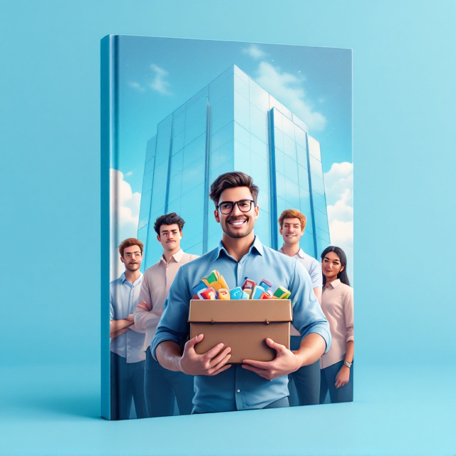 The cover features a vibrant blue-sky background with wispy white clouds that evoke a cheerful and optimistic mood. A modern glass building with sleek lines represents the organization, positioned behind a group of animated, diverse male characters dressed in pastel-colored shirts with diplomat collars. Some characters are calmly working together, while others appear noticeably stubborn or challenging, creating a subtle juxtaposition. At the center, a confident figure symbolizing a manager is showcased holding a toolbox filled with human resource management tools, conveying empowerment and strategic leadership. Stylized digital accents surround the scene, subtly reflecting the science fiction genre.