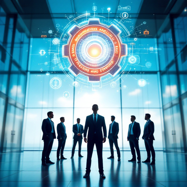 The cover features a futuristic office environment under a clear blue sky with glass walls reflecting sunlight. Silhouettes of several male employees without ties, wearing diplomat collars, are engaged in a bold stance, representing challenging personalities. Hovering over the group is a conceptual gear-and-tool metaphor, symbolizing problem-solving and the human resource management tools needed to address these challenges. A central figure stands at the foreground, holding a glowing holographic model of a "management process," symbolizing leadership. The background is clean, with minimal distractions to focus on the theme.