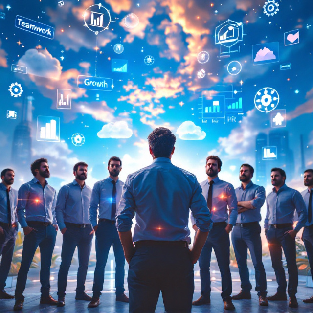 In the foreground, a group of male employees dressed in diplomat-collar shirts without ties stands in various challenging and expressive poses. A manager is prominently shown in a contemplative stance, surrounded by floating holographic tools symbolizing human resource management (charts, graphs, gears, and organizational flow diagrams). Above them, an expansive blue sky filled with vibrant clouds hangs HR-related signs like “Teamwork,” “Leadership,” and “Growth” as if they’re suspended in the atmosphere. The flourishing organization is represented by futuristic architecture and glowing plants in the background, showcasing the progress and a cheerful vibe.