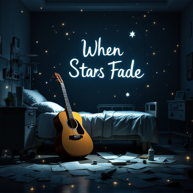 A dimly lit hospital room bathed in soft shadows, with a single, spotlighted acoustic guitar resting against an empty hospital bed, its strings lightly gleaming. Scattered around the room are music sheets, hospital papers, and medical tools like syringes and stethoscopes, forming a collage of chaos and emotion. Faded stars are subtly integrated into the background, blending into the dark walls of the room and illuminated faintly by the ambient light.