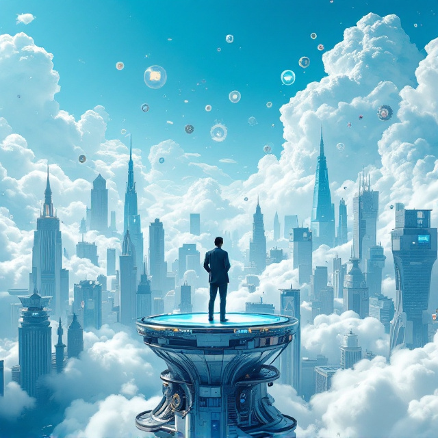An intricate depiction of a sprawling futuristic organization under a bright blue sky, with elements representing human resource management hanging among fluffy clouds. Male managers thoughtfully manage teams from open-air offices atop swirling skyscrapers, portraying a balance between challenge and growth. Add elements such as gears and digital interfaces subtly to indicate a blend of technology and management.