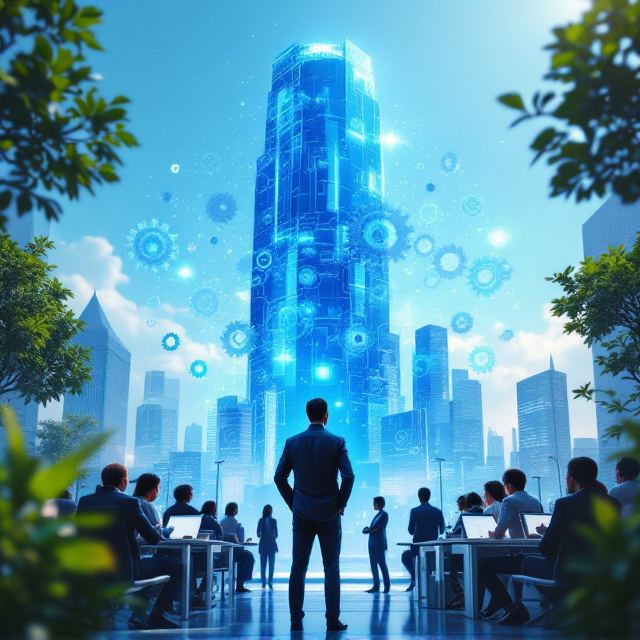 A futuristic corporate building rising against a clear blue sky, symbolizing the "blue sky organization." Clusters of abstract, holographic gears and tools represent human resource management science. At the forefront, a male manager in a modern, open-collar outfit (no tie) stands confidently, thoughtfully observing a group of employees. Among the group, a few challenging characters are depicted in subtle rebellious poses (arms crossed, dismissive gestures). The setting is bright, with flourishing greenery and futuristic desk setups in the foreground, conveying an atmosphere of growth and positivity. A faint glow emanates around the organization to signify excellence.