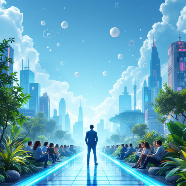 A bright blue sky with subtly drifting clouds forming abstract symbols of human resource management (e.g., spreadsheets, gears, or flowcharts) suspended in the air. Below, a flourishing futuristic organization surrounded by greenery and vibrant buildings. A male manager stands confidently, without a tie, on a glowing pathway that winds through the employees, representing guidance and connection. The employees are portrayed in a mix of challenging postures—some stressed, some amused—and the manager is seen calmly solving problems. Futuristic holographic tools for HR (such as dashboards and neural-network-inspired designs) float lightly around him within the scene.