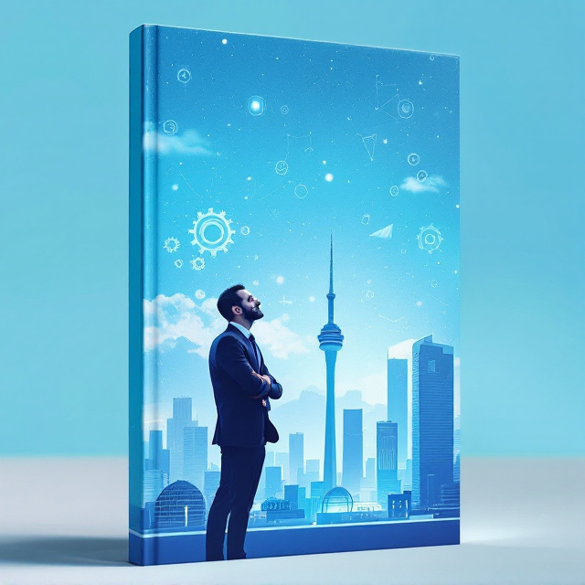 A vibrant and futuristic cityscape depicting an organizational building under a clear blue sky with Tehran's Milad Tower and Azadi Square in the background. The Iranian manager, dressed in professional attire without a tie, stands thoughtfully on the rooftop. Abstract tools of human resource management, like gears and graphs, float in the sky, resembling constellations.