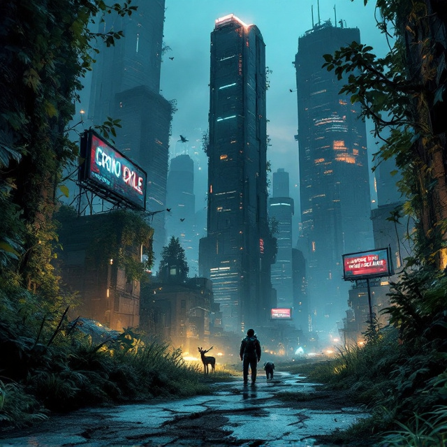 A post-apocalyptic futuristic cityscape in twilight. Skyscrapers shrouded in dense vines and foliage, with cracks in nearby roads displaying grass peeking through. In the foreground, two characters in worn-out spacesuits stand against this vast, abandoned background. They are depicted smaller in proportion to the towering environment, evoking their isolation yet highlighting their resilience. Faded billboards loom in the background, their messages barely legible. In the distance, a faint beacon of light shines, representing hope and redemption. Animals such as deer graze near the edge of the frame, and birds hover around shattered windows.