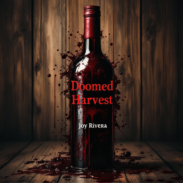 A bottle of wine, resembling blood, is positioned centrally on the wooden brown background. The liquid within the bottle appears to drip slightly, mimicking blood trails running down the bottle and pooling faintly at its base. Around the bottle, scattered wine stains and streaks give a sense of chaos and foreboding. Dim lighting casts ominous shadows onto the wood, enhancing the suspenseful and eerie mood.