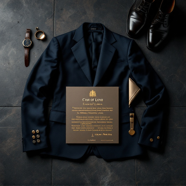 A dark, moody hotel room floor is the backdrop, featuring textures in taupe or slate gray. Laid out meticulously, the luxurious ensemble includes a polished navy suit with golden cufflinks, expensive leather shoes, a sleek black belt, a gleaming silver-and-gold watch, and a folded handkerchief in muted champagne tones. At the center of it all lies an opened letter, slightly angled. Blurred text surrounds highlighted words (*Pantera Clan, Inheritance, Oxford College, in three years, Luano Pantera*) glowing faintly in golden ink. The family crest is embossed on the letter in rich gold relief. Subtle, focused lighting casts light over the objects, creating shadowy contrasts that exude introspection and mystery. Empty space emphasizes the absence of a person and creates a sense of tension.