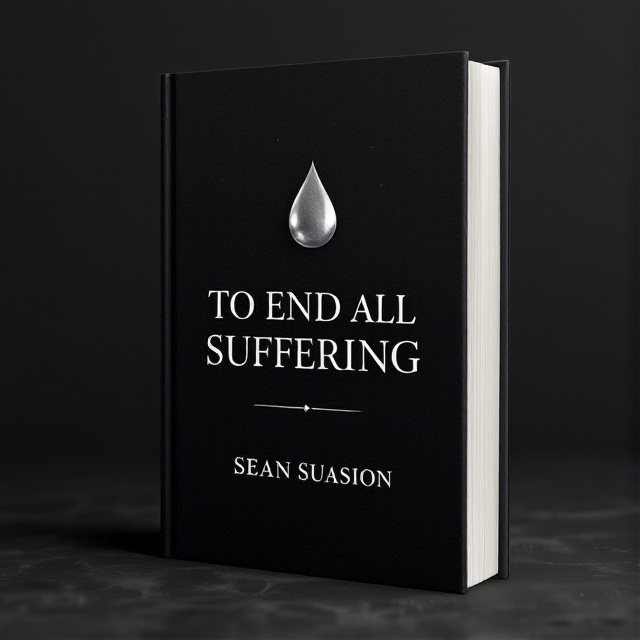 A stark black background with subtle textures, featuring a single sorrowful silver teardrop centered at the top, beneath which the title “To End All Suffering” is embossed in silver foil. Below the title, the author's name, Sean Suasion, is displayed in smaller silver lettering.