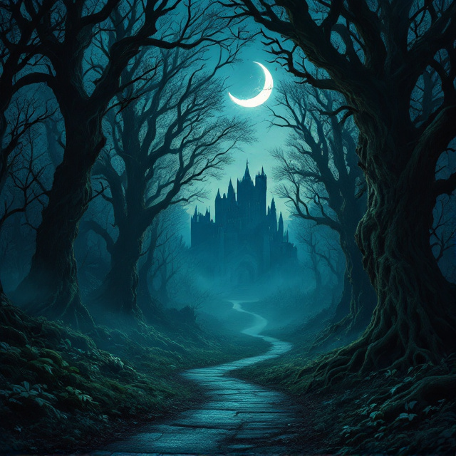 A dark, mystical forest scene with gnarled, ancient trees towering over a narrow, winding path. In the background, a faint silhouette of a grand castle can be seen, with a crescent moon hanging in an indigo sky. Soft, ethereal mist weaves through the trees and across the path, adding a sense of mystery. Rich, deep colors like emerald green, midnight blue, and charcoal grey dominate the palette.