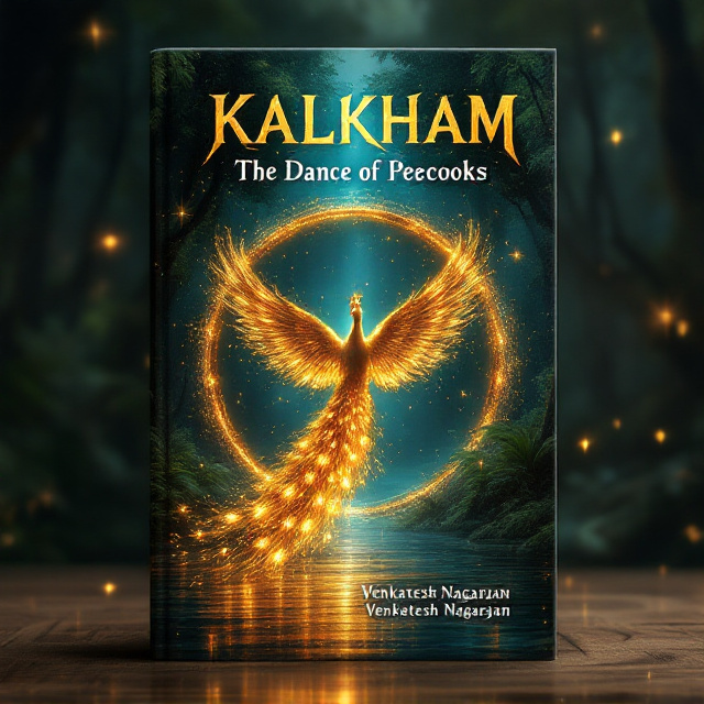 A golden peacock is captured in mid-flight at the center, with its glowing feathers creating an ethereal pattern resembling sunlight piercing through dense jungle canopy. The background showcases a secret portal, partially ajar, surrounded by towering jungle trees and a shimmering water surface reflecting the sparkling light sparks in the air, creating an intriguing and mysterious setting.