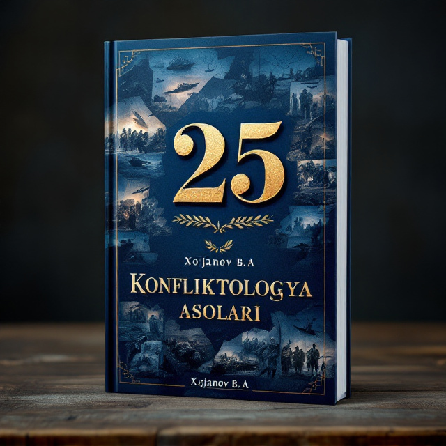 A gritty and dramatic cover featuring a dark blue color scheme. The background showcases a collage of historical war scenes—think marching soldiers, battleships, and old maps—fused together seamlessly to create a sense of chaos and conflict. The "25" is prominently displayed at the top left corner in a large, bold metallic font, giving it a striking contrast against the dark background. Centered in the middle is the book title "Konfliktologiya asoslari" in an elegant, large font that commands attention. Below the title, in a smaller size, is "Xo'janov B.A," framed by a subtle olive branch to symbolize peace.