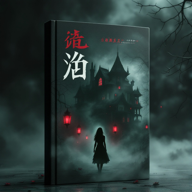 The cover features a shadowy, archaic mansion partially veiled in mist, evoking a sense of mystery. A silhouette of a young woman stands in the foreground, her figure barely discernible through the swirling fog. Red lanterns hang sporadically around the mansion, their glow casting eerie, dancing shadows. The background is a deep, inky black, while shades of dark green and crimson add a haunting undertone to the overall composition.