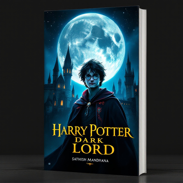 A young wizard with messy black hair and round glasses stands confidently under the moonlight. He wears a dark cloak with intricate red and gold embroidery. A magical aura surrounds him, radiating a soft glow. Behind him, a gothic castle looms, its windows alight, set against a starry night sky with a prominent full moon. The scene is rendered in a semi-realistic art style with a focus on dynamic lighting and vibrant, mystical colors.