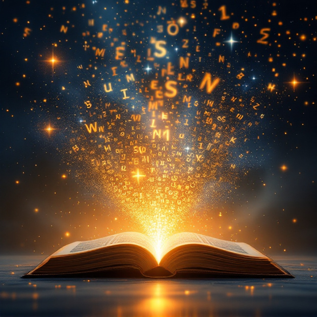 An open book lies at the center, its pages emitting a warm, golden glow that transitions into a mesmerizing stream of letters, symbols, and stories. These flow seamlessly into a cosmic, infinite sky peppered with stars, suggesting an endless expanse. Subtle silhouettes of historical thinkers, writers, and fictional characters emerge from the mist of words, gracefully blending into the celestial background.