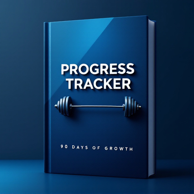 A deep blue background with a sleek gradient that transitions subtly from navy to cobalt. The focal point is a modern, stylized barbell running horizontally across the center, serving as a symbolic divider of the design space. Above the barbell, a faint yet motivational checklist icon is softly embossed in white. A dynamic beam of light cuts diagonally from the top left to bottom right, adding a sense of energy and forward momentum.