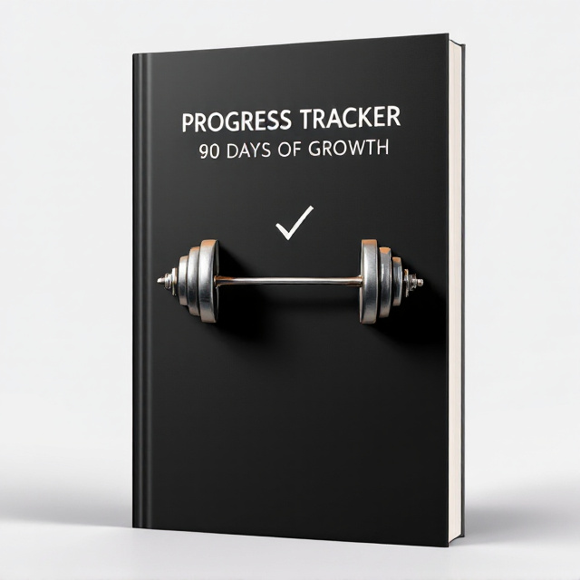 A bold black background serving as the foundational canvas. Centered on the cover are sleek icons of a dumbbell and barbell, casting long shadows to create depth. Above the gym equipment icons is a minimalist checklist with tick boxes subtly integrated into the design, conveying a sense of accomplishment. The entire imagery exudes the feel of a modern gym with polished metallic textures.