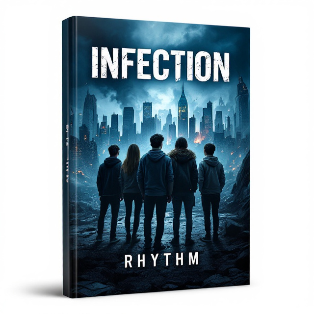 The cover features a broken New York City skyline shrouded in a black and blue haze, with fires and smoke billowing in the background, reminiscent of a modern-day apocalypse. In the foreground stands a group of four teenagers, 15-16 years old, side by side, displaying expressions of worry and determination. The city behind them appears dilapidated, with shattered buildings and abandoned streets. The overall aesthetic creates a stark contrast between the subtle fearlessness of the protagonists and the chaotic destruction enveloping the city.
