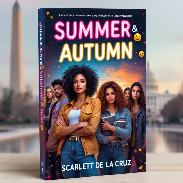 The cover features a vivid scene set against the backdrop of Washington D.C., with recognizable landmarks like the Capitol building subtly faded into the background. At the center are the two main girls, Summer and Autumn. Summer stands confidently to the left in her TikTok-trending outfit with neon accents, arms confidently crossed, radiating boldness. Autumn is to the right, holding a book close to her chest, her expression shy yet thoughtful. Behind them, the four supporting characters are split evenly—two behind Summer, exuding swagger and fun energy, while the two behind Autumn emanate a quieter, more introspective vibe. Emojis, scattered like confetti across the cover, add an air of playfulness. The color palette alternates between neon pinks, blues, and yellows, juxtaposed with muted grays and blacks to create emotional contrast.
