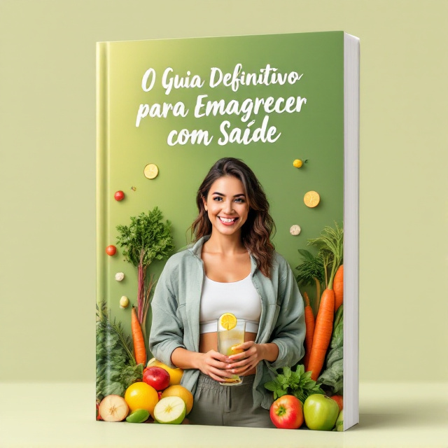 A smiling woman in casual sportswear stands at the center, holding a glass of water with a lemon slice. Around her, fresh fruits and vegetables like apples, carrots, and leafy greens are artistically placed. The background features a soft gradient of green to beige, evoking a sense of nature and balance. Subtle elements like small icons of a scale and food planner are included to emphasize well-being.
