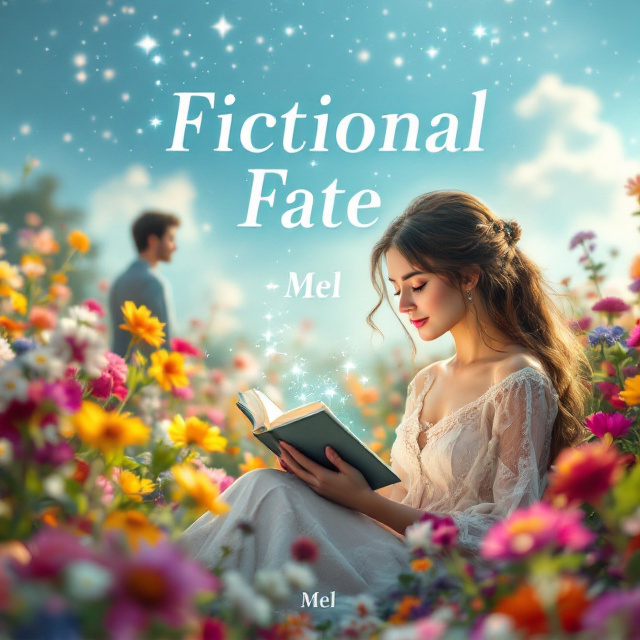 A whimsical scene with a vivid garden in full bloom, where a young woman is engrossed in reading a novel. As she reads, a magical shimmer envelops her, depicted with light-blue sparkles, symbolizing her transcendence into the novel world. In the background, a caring man stands serenely among the flowers, watching over her with a gentle smile. The garden is filled with vibrant colors, and a soft blue sky serves as the canvas, bringing a serene yet captivating atmosphere.