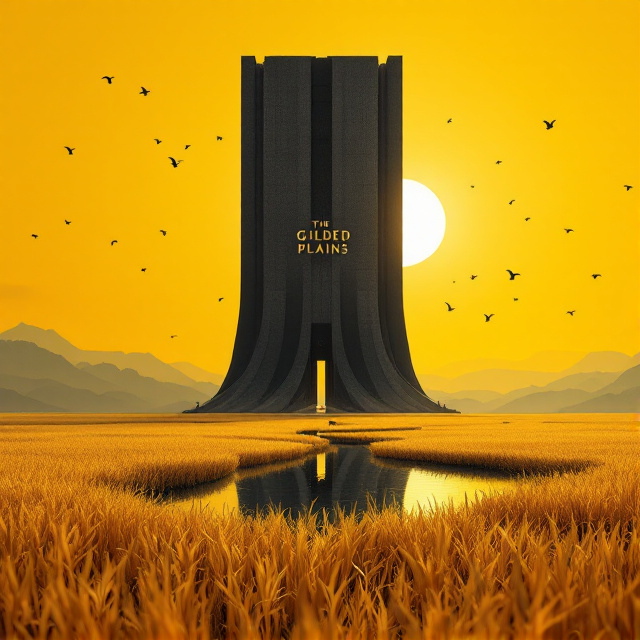 A towering dark and bold, modern brutalist tower dominates the foreground amid the golden fields of crops, inviting a sense of both wonder and foreboding. The reflective lake in front, mirrors the imposing tower and the bright golden sun, set against a vast expanse of a yellow sky dotted with silhouettes of birds in motion. The distant mountains on the horizon add depth to the scene, enhancing the sense of endless potential and choice.