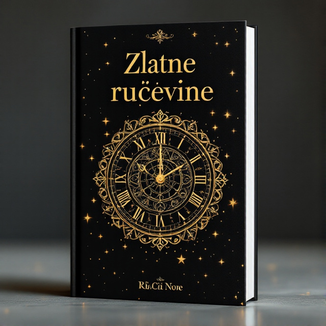 A detailed golden old clock in the center of the cover, surrounded by delicate gold stars that fade into a black background to create a sense of depth and mystery. The clock's intricate design is highlighted with subtle shadowing to enhance its antique feel.