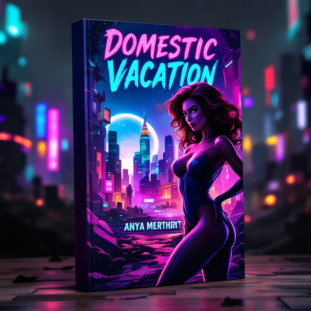 The cover features a dynamic illustration of a confident, alluring MILF superheroine. She's positioned in the foreground, striking a powerful pose against a backdrop of a futuristic cityscape in a state of vibrant decay, with neon lights and towering buildings crumbling. The colors are bold and seductive, with a palette of deep purples, electric blues, and passionate reds, creating a visually charged atmosphere.