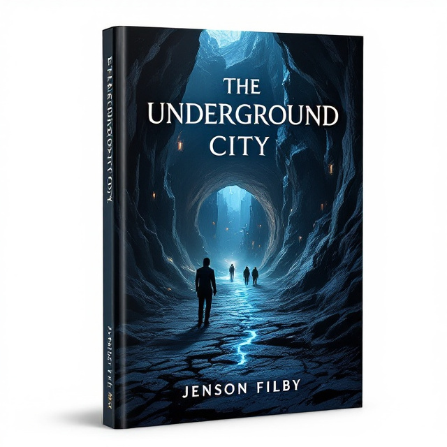 standing book mockup, Its title is "The underground city". Its author name is Jenson Filby.  A dark subterranean cityscape with glowing neon-like accents on key structures, suggesting both life and mystery underground. A large, cracked tunnel forms the foreground, lit by faint beams of natural light filtering through cracks in the surface above. Shadowy figures are subtly integrated into the background, hinting at hidden adventure or danger. A faint glowing path leads through the city, creating depth and drawing the viewer in. Bold sans-serif font with a slight metallic sheen for the title, "The Underground City," giving it a modern and adventurous feel. The author's name, "Jenson Filby," is in a sharp yet elegant serif font at the bottom, creating contrast and grounding the design., The title is placed at the top-center, glowing faintly, with a slight perspective effect to mirror the underground theme. The cityscape art occupies the majority of the space, with the spirited glowing path drawing the eye toward the center. The author’s name is placed in a smaller size at the bottom-center of the cover in white to ensure legibility and balance.