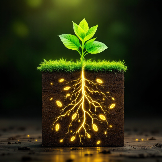 A vertical split cover design emphasizes both above-ground and below-ground perspectives. The upper half of the cover features a lush, thriving green plant in bright sunlight, symbolizing health. Below this, the soil cross-section reveals intricate, glowing golden threads symbolizing the phytochemicals. The glowing threads encircle and repel small, stylized nematodes, depicted as soft, semi-transparent, threatening shapes. The background is gradient—rich brown fades to dark at the bottom to enhance the soil effects, and the green top beautifully contrasts with the earthy tones.