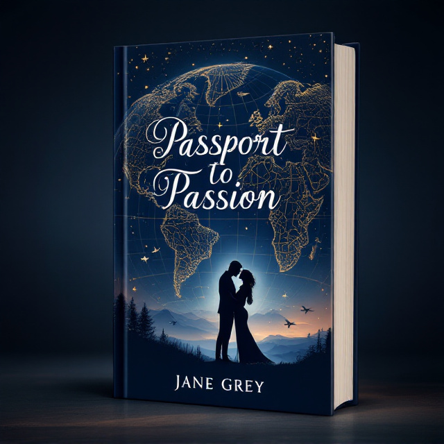 A sensual silhouette of a couple passionately embracing is placed at the lower center of the cover. The backdrop is a navy blue-tinted globe with metallic gold longitude and latitude lines, representing adventure and freedom. Around the couple, a faint glow of light creates a dreamy aura. The top part of the cover shows sketched icons like airplanes and passports faintly layered in the background to emphasize wanderlust. Swirling waves of navy and darker blue blend into a starry sky for a sense of endless exploration.