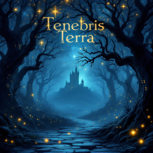 A dark and mysterious enchanted forest enveloped in a midnight blue fog. Silhouetted twisted trees with glowing runes carved into their trunks surround an ancient stone pathway. Luminous, golden fireflies flit around a distant, barely visible castle perched on a hill. The sky is a swirling mix of deep indigo hues with stars peeking through.
