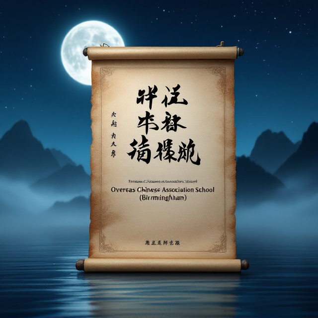 A serene night sky drenched in shades of blue, with a prominent full moon casting its light over an old, laminated scroll that features the text "Overseas Chinese Association School (Birmingham)" in elegant Chinese calligraphy. In the foreground, a traditional Chinese ink painting of a misty mountain range. The moonlight reflects on calm waters below, suggesting introspection and nostalgia.