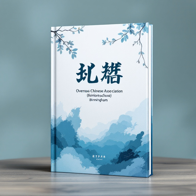 A serene blue background sets the stage, highlighted by abstract brush strokes suggesting a sense of elegance and cultural depth. At the center, oversized Chinese characters draw the eye, beneath which is the title "Overseas Chinese Association School (Birmingham)" in both English and subtle Chinese. The top features an illustration of a classic Chinese scroll, partially unfurled, symbolizing the spread of knowledge and culture.